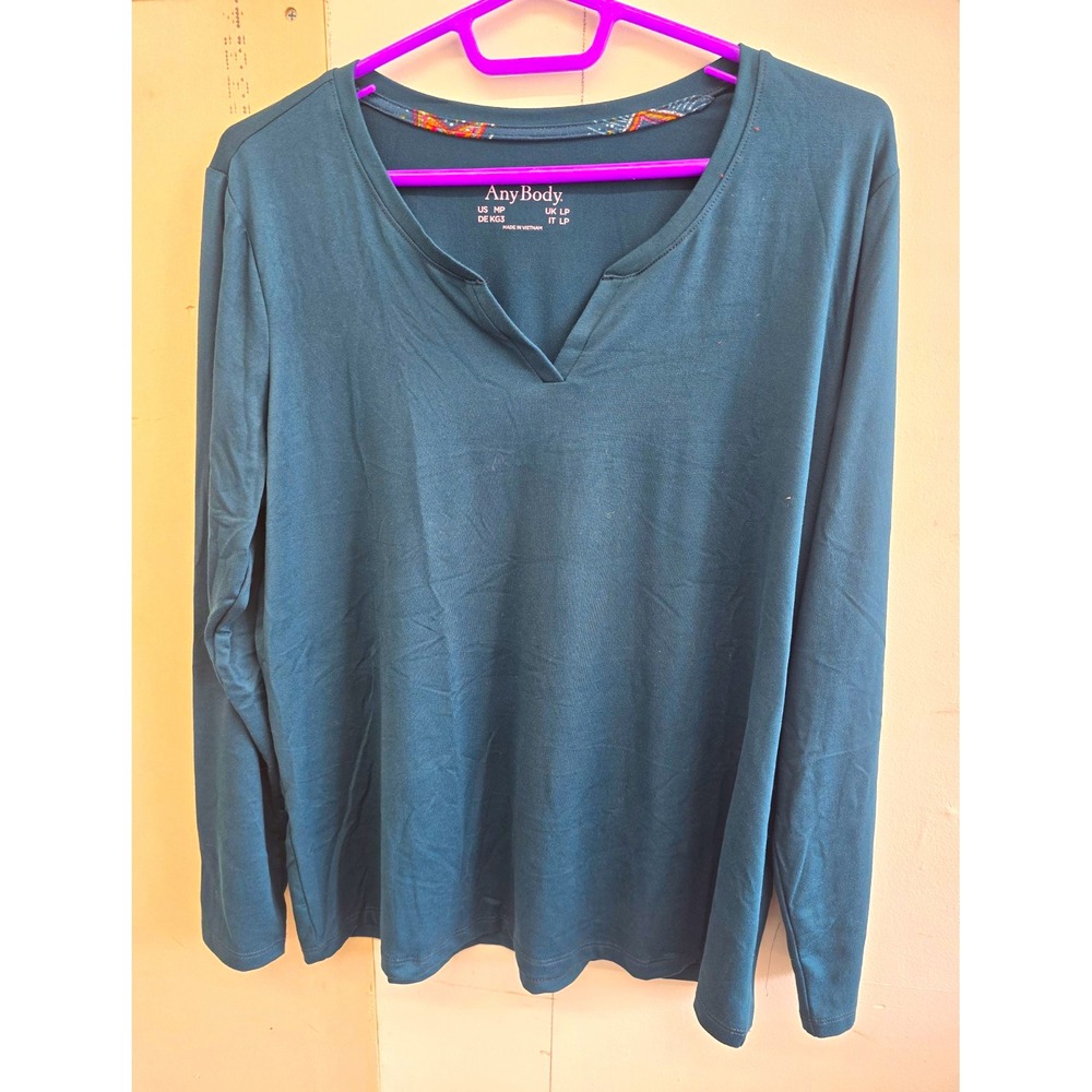 AnyBody Womens Petite PM Teal V-Neck Long Sleeve Pullover Jersey Top Cut-Out